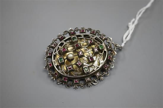 A continental white metal and gem set pendant locket brooch, 50mm, gross weight 31.5 grams.